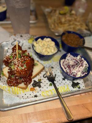 Korean fried chicken, mac n cheese, cole slaw, and ranch beans