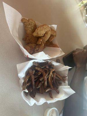 Chicken tenders (yum) and fries (recooked)