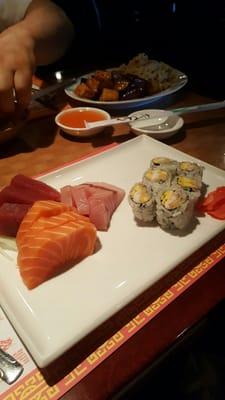 Sashimi lunch with a mango shrimp roll