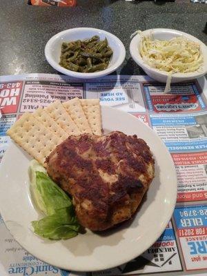 Big ole yummy crab cake with 2 sides at $13.99 and "I love this bar" playing on jukebox.