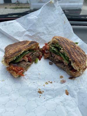 Steak, egg, and pepperjack croissant