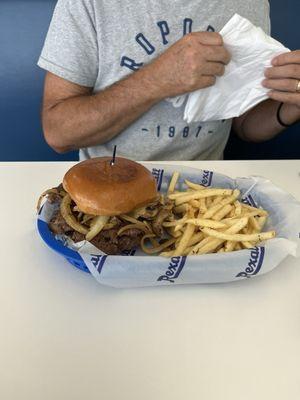 Mushroom burger with grilled onions/ comes with hot seasoned fries