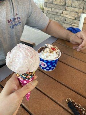 Strawberry cone, and rocky road ice cream sundae