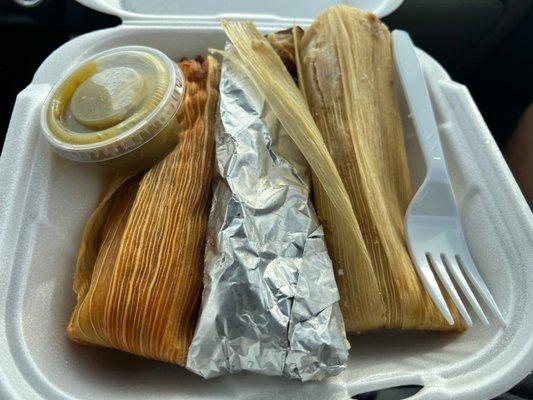 Tamales - Pork in Salsa Roja, Cheese, and Chicken in Salsa Verde. Oh so good