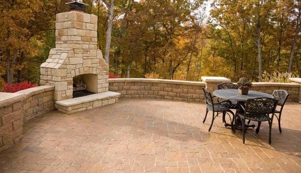 Outdoor fireplace, paver wall and patio