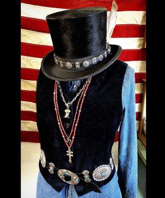 Antique Top Hat w/ Concho hat band vintage wear and trade bead and vintage Native Jewelry