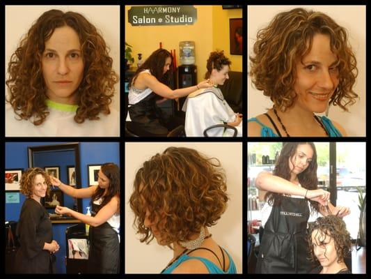 Anya working on a curly cut in the salon.