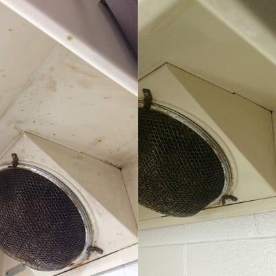 LEFT: Stove hood *after* Traci "cleaned" for 4 hours...  RIGHT: Stove hood after 5 minutes with a Chlorox wipe