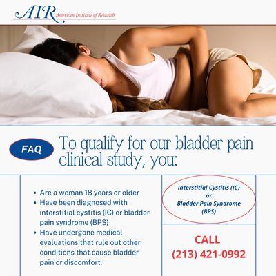 Are you experiencing bladder pain? 


We're conducting a clinical study for Interstitial Cystitis (IC) and Bladder Pain ...