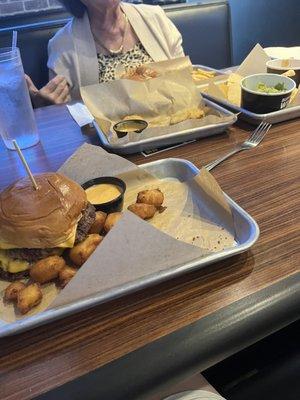 Burger and Large Cheddar Cheese Curds