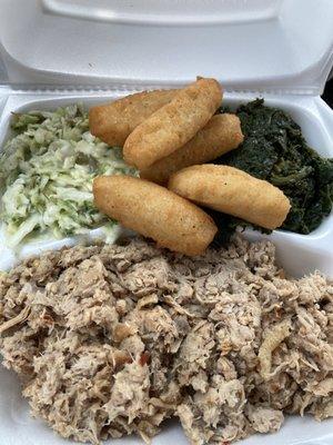 Pork BBQ, slaw, collards, hush puppies