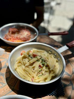 Special pasta of the day, penne with garlic cream sauce and pancetta