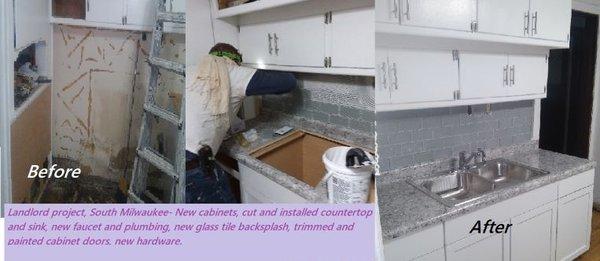 landlord project before /after- cabinets, new sink, countertop, backsplash- tiling, new plumbing...!