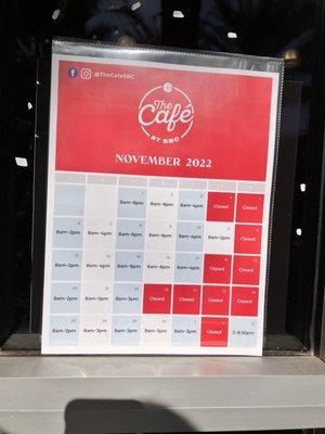 November cafe hours