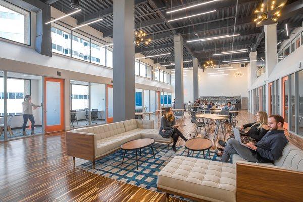 Expansive North First coworking lounge and private offices