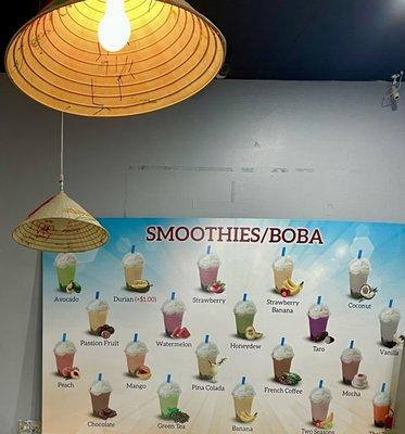 Smoothie/Boba menu on the wall