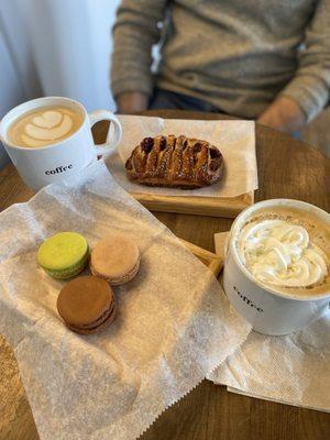 Latte, Lavender and Honey Latte, cherry cheese danish, and a trio of macarons (Pistachio, PB& J, and chocolate)