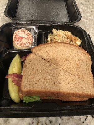 Sassy Scotty BLT Chicken Salad Sandwich with pasta salad and a complimentary cookie. Loved it.