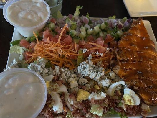 Buffalo cobb salad. Extra buffalo, extra blue cheese. One of NH's best salads. A+. 18$ or so. Huge portion.