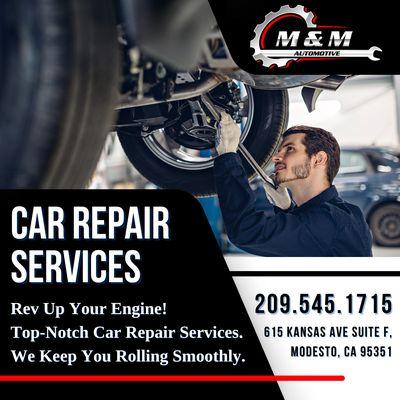 Expert engine repair at M&M Automotive: skilled mechanics turning wrenches. Visit mmauto.net for top vehicle care in Modesto.