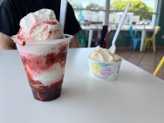 To the left is my Strawberry Shortcake Parfait and to the right is my best friends sweet cream w/almonds blended in