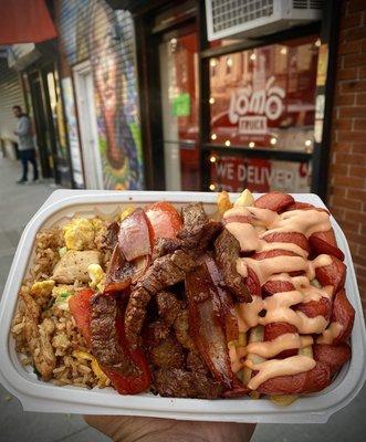 Tripleta ( Lomo saltado, chicken Chaufa (rice) and salchipapa).