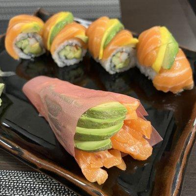 Salmon sashimi handroll, and SAM's roll