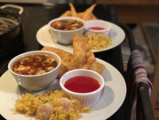 Shrimp fried rice, Krab Rangoon w/ sweet and sour sauce, and hot & sour soup!