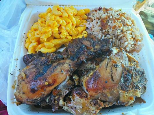 Jamaican Jerk Chicken platter with rice and peas and bakes mac from Flava! In Sicklerville, NJ (no bottled jerk bbq sauce here!)