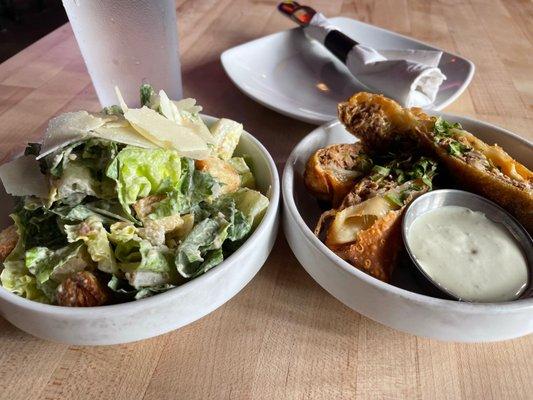 Caesar salad and birria taco eggrolls