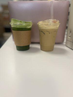 Harmless hippie matcha americano and tres leches latte