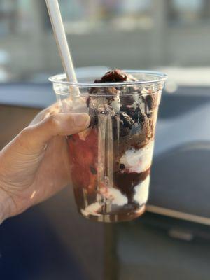 The "Sara" - chocolate chip scoop, strawberries, brownie bits, and hard shell chocolate