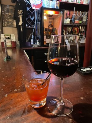 Old Fashioned and glass of Zinfandel - both very good.