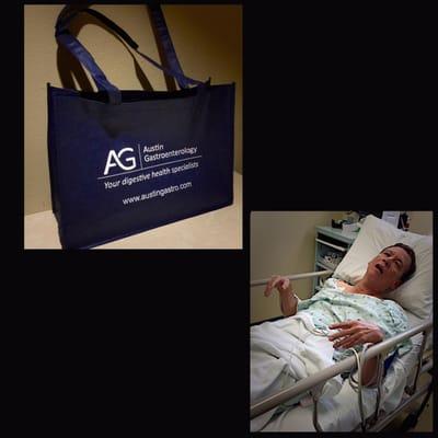 The stylish gift bag you get to keep, and pretty much what I look like after 400mg of Propofol.