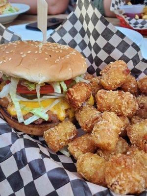 Fried Chicken Burger with tots - all of it was delicious and the tots perfectly crispy