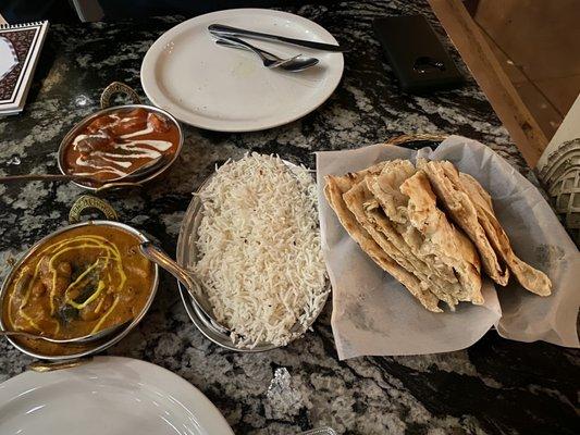 Chicken tikki masala, mushroom masala, basmati rice, naan