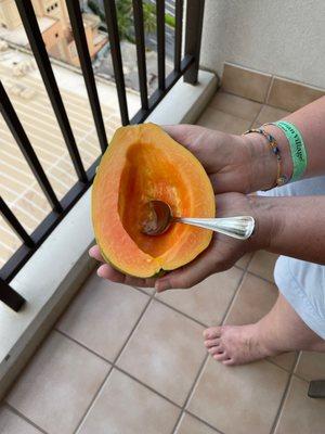 Papaya for breakfast every morning. Thanks Food Pantry. Allow 2 days to ripen.