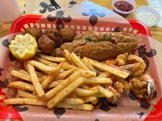 Fried Catfish, fried Shrimp, hush puppies, fries