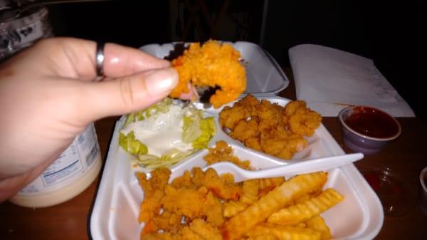 This a fried crawfish tail, its HUGE and very tasty and everything you order comes in a HUGE PORTION!! Enjoy!  Enjoy!