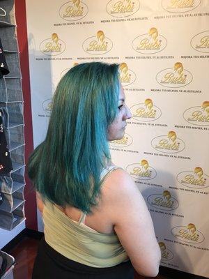 From a dark brown to a beautiful aqua. # aloxxi colors #justina Brittain www. Justbrittain.com