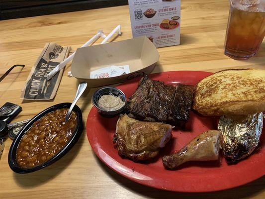 This was a rib and chicken meal. I had garlic Bread, bbq beans and a sweet potato (the sweet potato was nice).