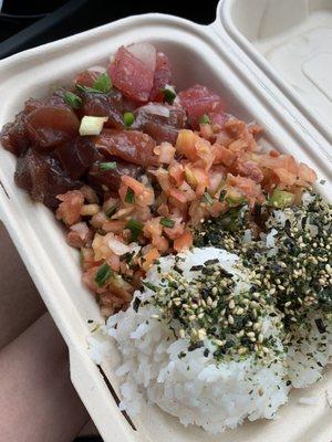 Hawaiian ahi tuna and shoyu poke with side of salmon salad with 2 scoops of rice