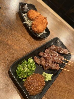 Croquettes and beef Kobe skewers