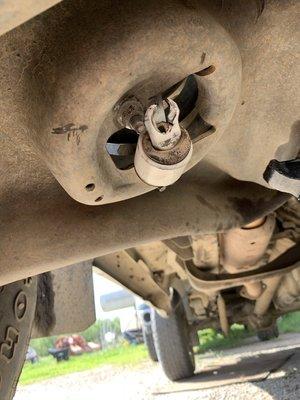 Drove from Williams to Arbuckle, looked underneath the vehicle, and this is what I saw, after new shocks installed by Harpers.