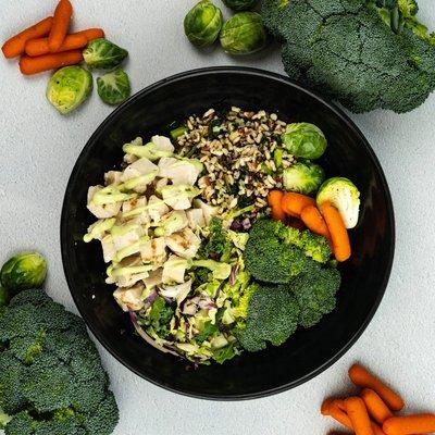 Build Your Own Bowl with Brown Rice, Chicken, Broccoli, Honey Roasted Carrots, Brussels, Epic Sauce