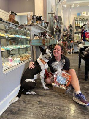 Happy Foster boy picking up his raffle basket!