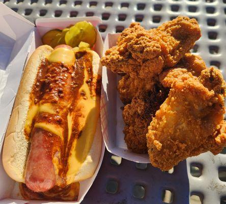 Chili cheese dog and 5 original wings