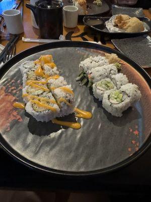 Shrimp tempura roll (left) and California roll (right).