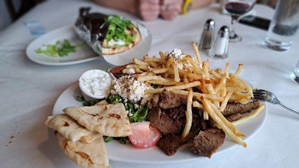 Lamb gyro platter and chicken gyro sandwich