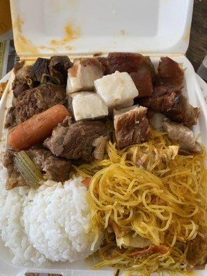 Lunch of white rice and pancit, beef stew, and roast pork.